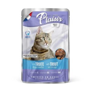 Hrana umeda pentru pisici Plaisir, Pastrav si Creveti, 100 Gr